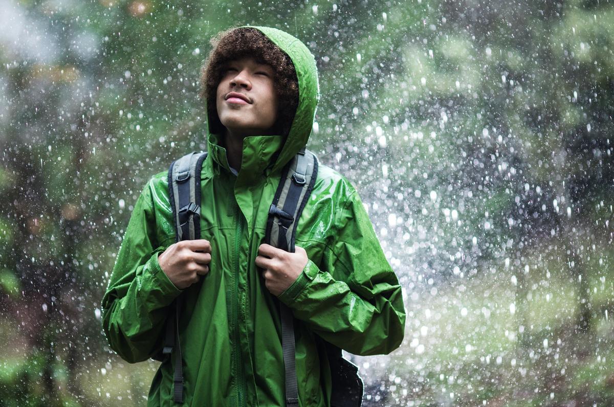 a person in a green raincoat