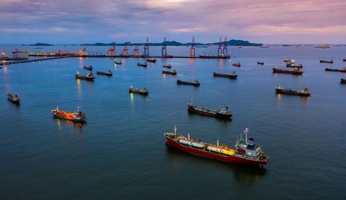 Oil tanker ship and LPG tanker ship, aerial view